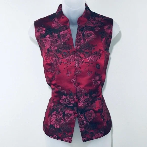 VINTAGE kimono red silky satin floral vest - Picture 3 of 5